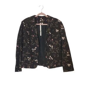 Debra DeRoo Black Floral Pink White Embroidered Blazer Spring Garden Kitsch L